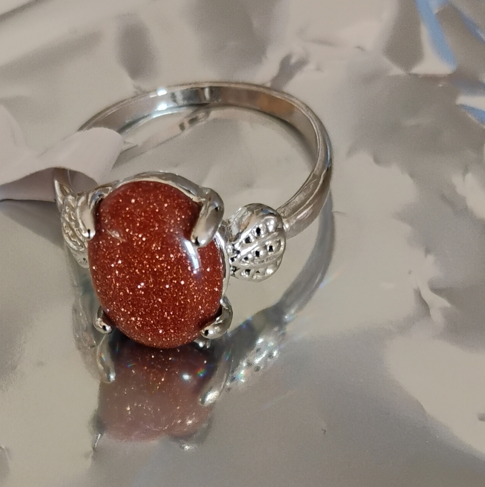 "Goldstone Venturina" Or "Golden Sunstone" Gemstone With Stunning Silver Size 10